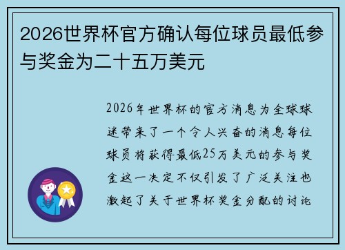 2026世界杯官方确认每位球员最低参与奖金为二十五万美元